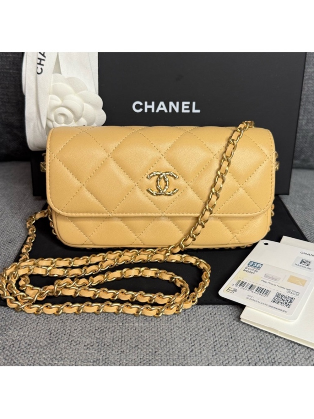 CHANEL Quilted Lambskin Wallet on Chain in Mustard Yellow with Gold Hardware